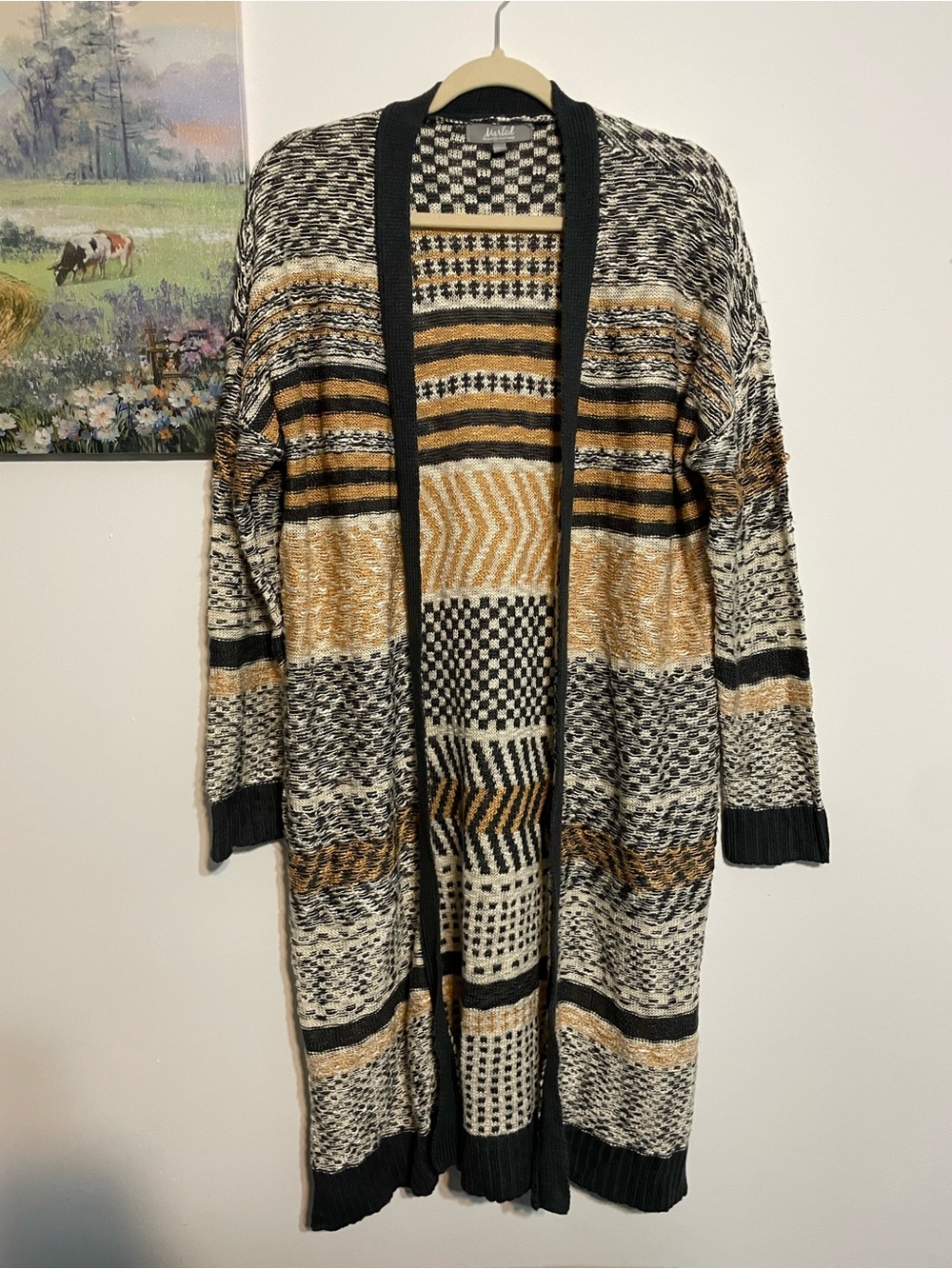 Marled Long Open-Front Cardigan Sweater - Black, Cream & Gold